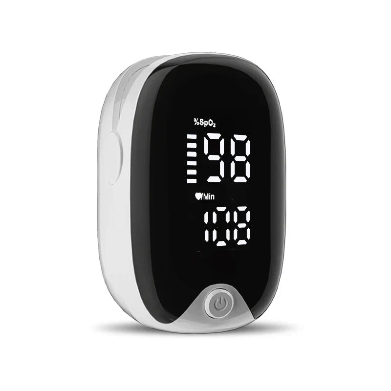 Digital Bp Monitor - Pulse oximeter on a plain white background, showing its digital display with 98% SpO₂ and 108 bpm readings.