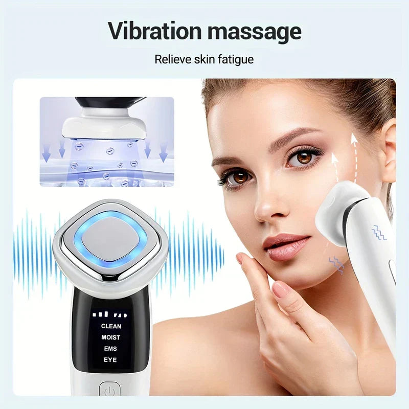 dispositivo reafirmante de la piel - Dispositivo facial que demuestra la función de masaje por vibración, con diagrama de ondas de vibración y uso en la mejilla para aliviar la fatiga de la piel