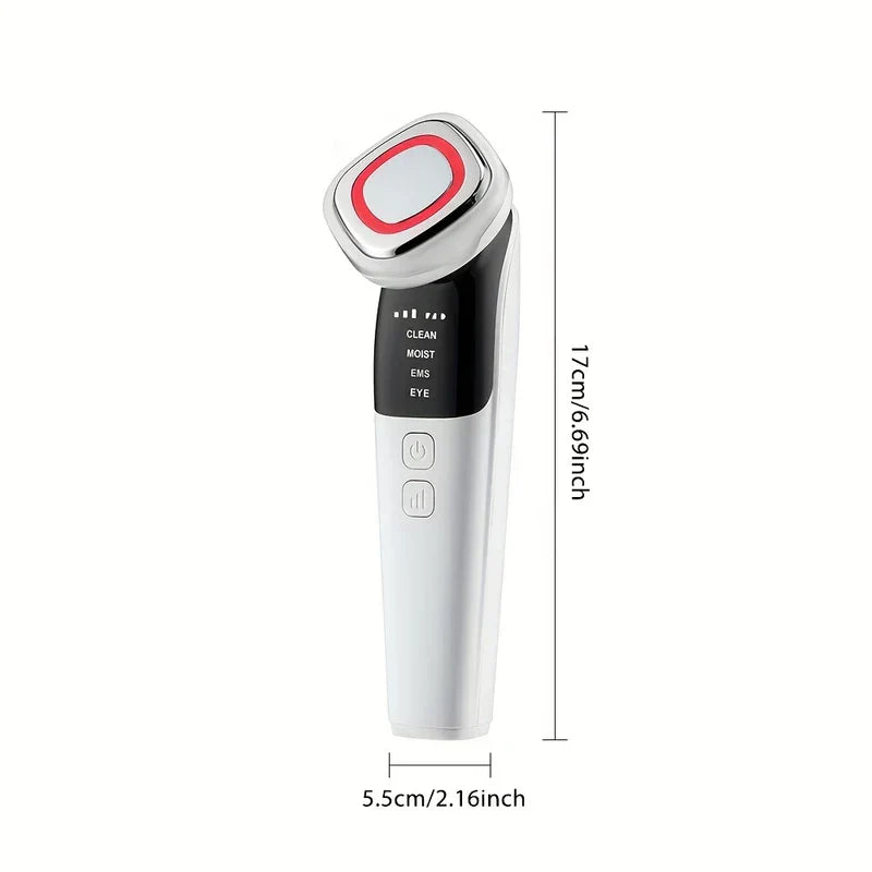 dispositivo reafirmante de la piel - Dispositivo de belleza facial portátil de color blanco y negro con pantalla de modo y botones, mostrando medidas de largo y ancho