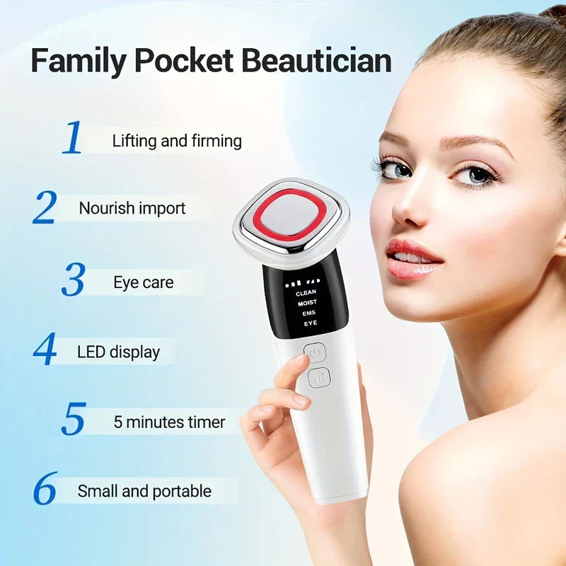 dispositivo reafirmante de la piel - Mano sosteniendo el mismo dispositivo de belleza facial, junto a una lista numerada de seis atributos del producto