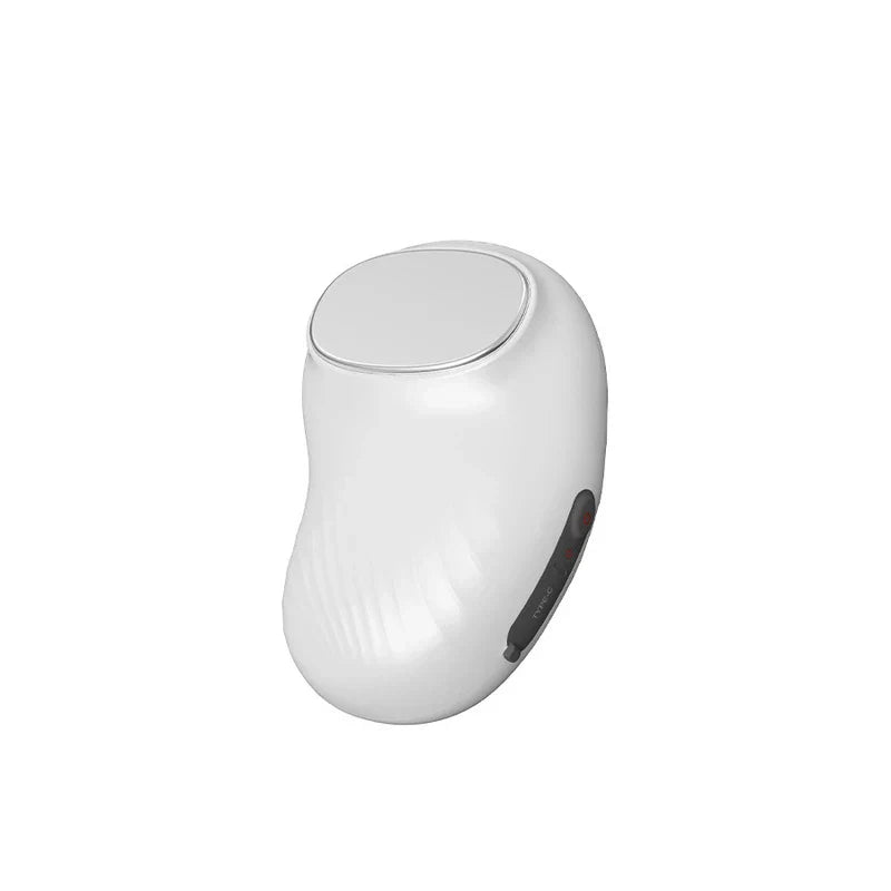 Facial Massager - White ergonomic handheld personal care device with smooth metal treatment head and side control buttons