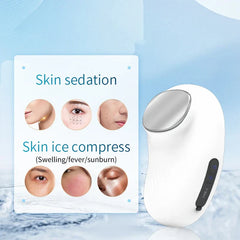 Facial Massager - Handheld device next to informational panel listing cold compress use cases for swelling, fever, and sunburn, with Type-C port visible on device side