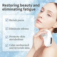 Facial Massager - Woman holding white handheld facial device next to face, with benefits list on icy blue background