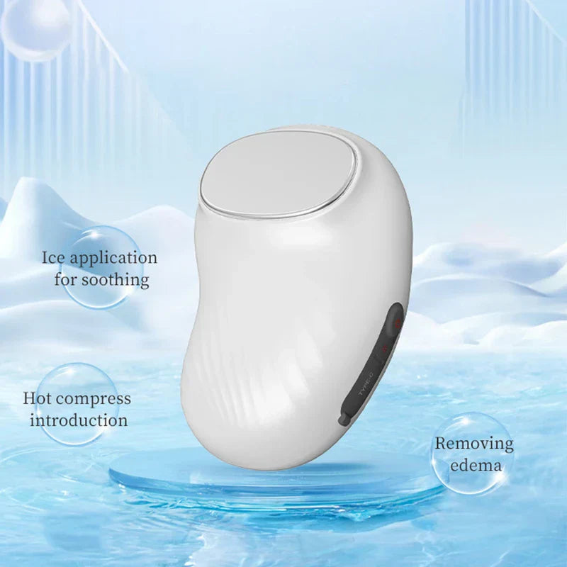 Facial Massager - White handheld facial device on blue water/ice themed background with three text bubbles labeling functions