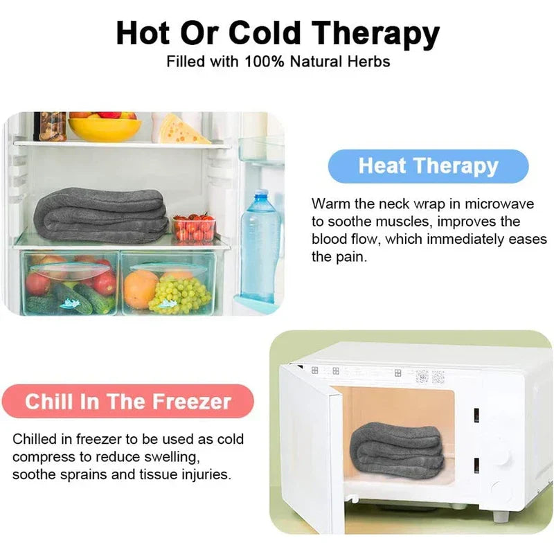 Hot Cold Therapy Neck Wrap - Diagram explaining hot and cold use of the neck wrap: one shot of the wrap in a fridge, one in a microwave.