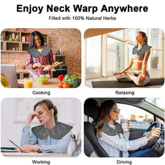 Hot Cold Therapy Neck Wrap - Four-panel image showing a gray neck wrap worn during cooking, meditation relaxation, desk work, and driving, with header text.