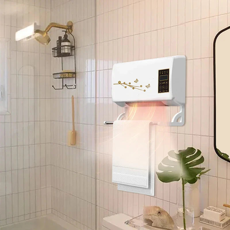 Heater Fan Combo - Wall-mounted unit installed in a tiled bathroom, emitting warm air above a hanging white towel