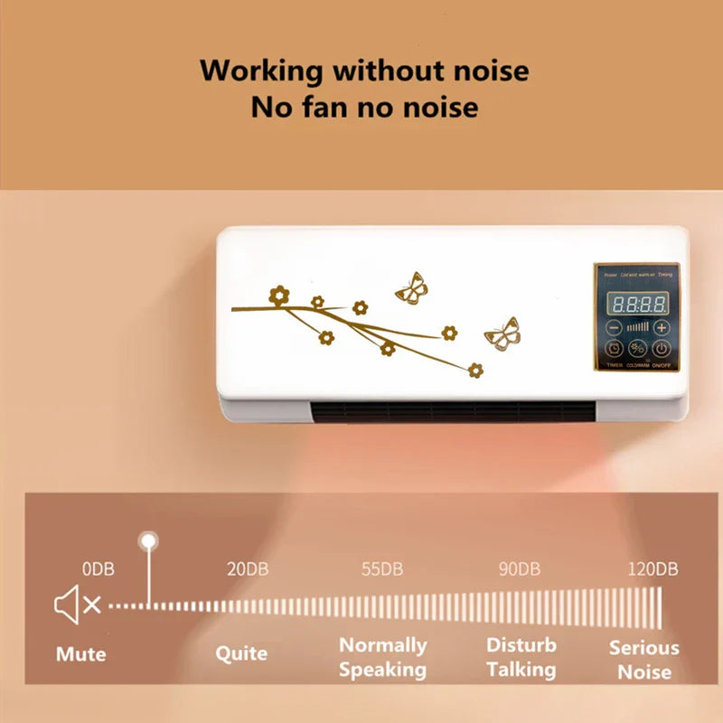 Heater Fan Combo - Wall-mounted unit on beige background, text about noiseless operation above it, decibel scale diagram below it, control panel showing 88:88