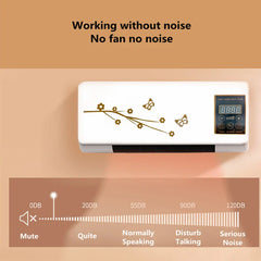 Heater Fan Combo - Wall-mounted unit on beige background, text about noiseless operation above it, decibel scale diagram below it, control panel showing 88:88