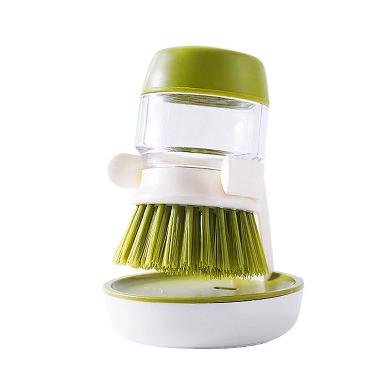 Hydraulic soap dispensing pot scrubber brush with storage base