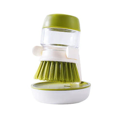 Hydraulic soap dispensing pot scrubber brush with storage base