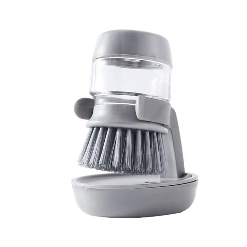 Pot Scrubber Brush - Gray palm held dish brush with holder and clear soap reservoir