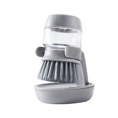 Pot Scrubber Brush - Gray palm held dish brush with holder and clear soap reservoir