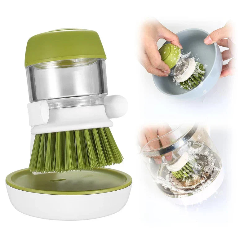 Close-up of pot scrubber brush bristles and soap dispenser