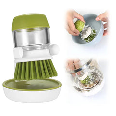 Close-up of pot scrubber brush bristles and soap dispenser