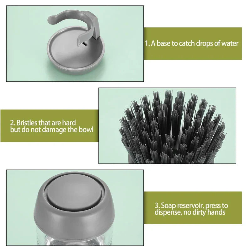 Pot scrubber brush in use on a stainless steel pan