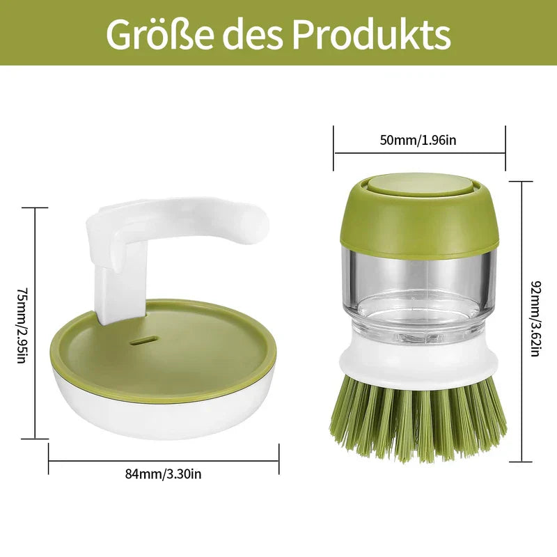 Pot Scrubber Brush - Two parts of a dish brush set with dimensions labeled in millimeters and inches, on a white background.