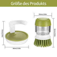 Pot Scrubber Brush - Two parts of a dish brush set with dimensions labeled in millimeters and inches, on a white background.