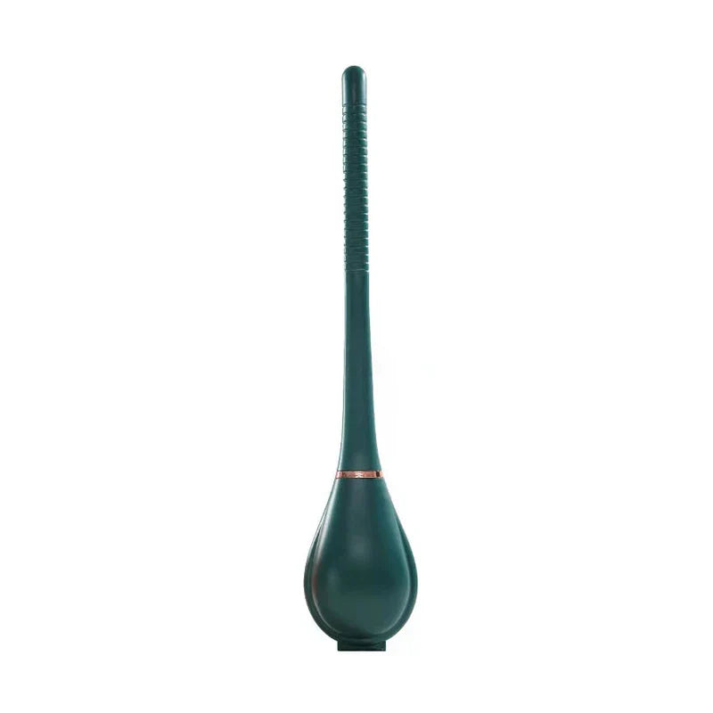 A dark green teardrop-shaped bathroom bowl scrubber & caddy stand shown upright against a white background.