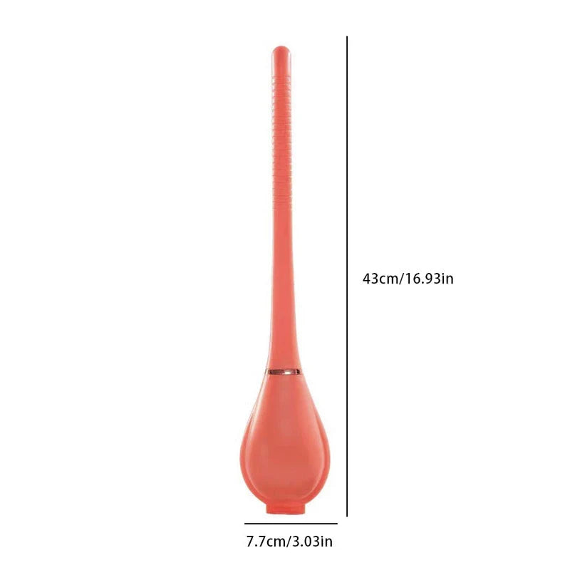 Coral-colored long-handled cleaning tool with dimensions marked; this is a bathroom bowl scrubber & caddy stand product view.