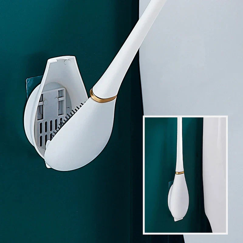 Wall-mounted white caddy holding a white long-handled cleaning tool; this bathroom bowl scrubber & caddy stand is shown stored.