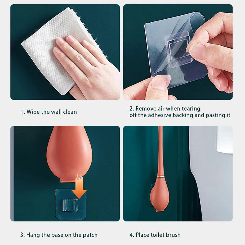 Hands demonstrate installation steps for a wall-mounted holder, and the bathroom bowl scrubber & caddy stand is shown being hung in step 3 and 4.