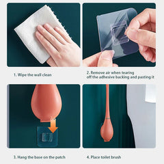 Hands demonstrate installation steps for a wall-mounted holder, and the bathroom bowl scrubber & caddy stand is shown being hung in step 3 and 4.