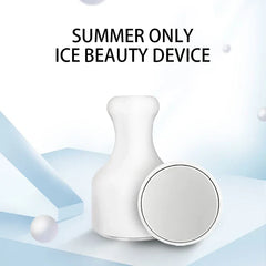Ice Roller - White handheld cooling beauty device displayed on a light blue geometric styled background with summer use text overlay