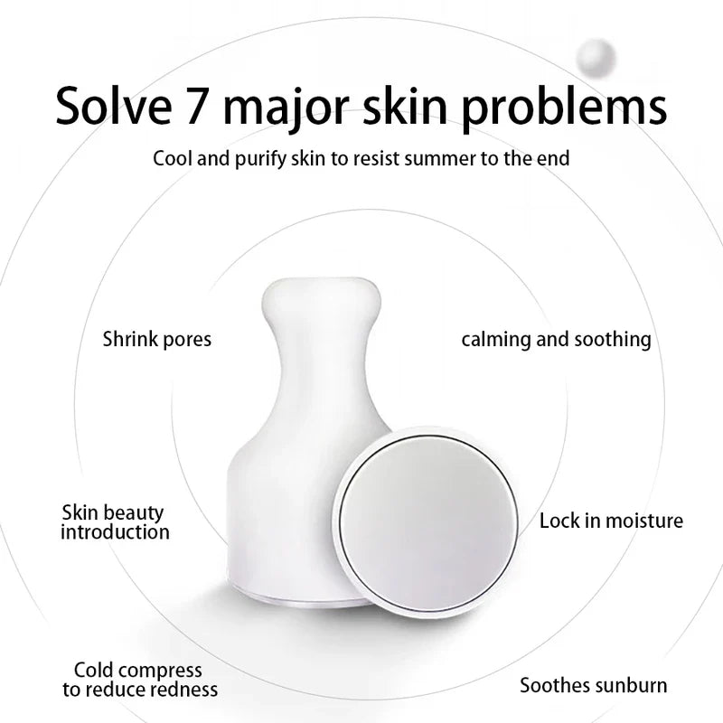 Ice Roller - White handheld skincare tool surrounded by text listing seven skin care benefits