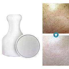 Ice Roller - White handheld beauty tool displayed alongside two close-up skin comparison photos showing before and after skin texture