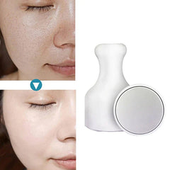 Ice Roller - Side-by-side before and after facial skin comparison next to the white handheld cooling beauty tool