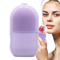 Facial Massager - Closed lavender skincare device next to demonstration of the ice application end held near a person’s jawline
