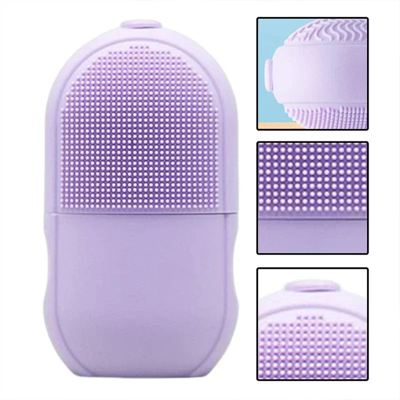 Facial Massager - Light purple silicone ice facial roller with close-up detail insets showing textured surfaces, sides, and top
