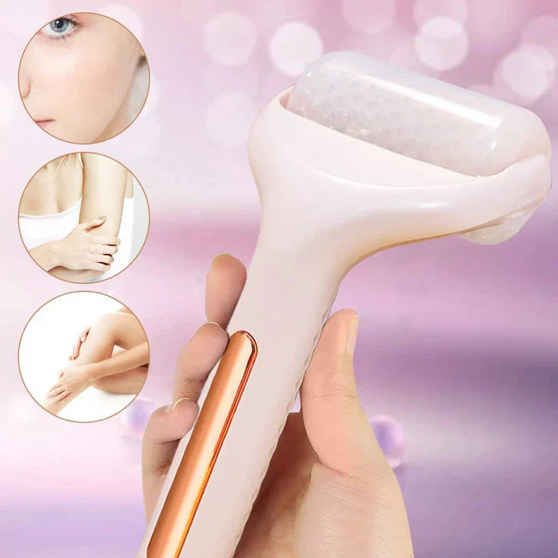 Hand holding an ice roller, with three inset circular images showing use on face, arm, and leg
