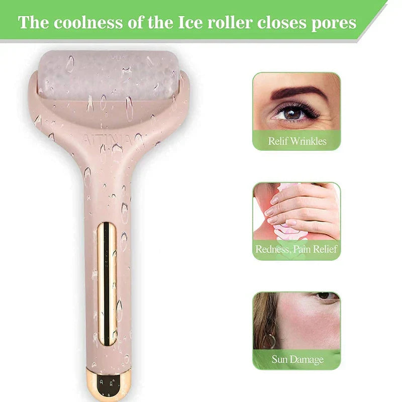 Ice roller with water droplets on its surface, three inset panels showing eye area, neck, and cheek