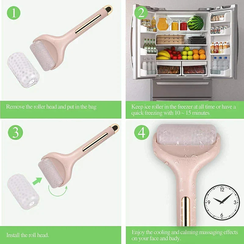 Four-step instructional graphic for using a facial ice roller, showing disassembly, freezing, reassembly, and use.