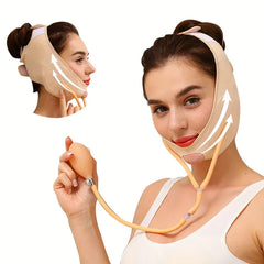 Face Lifting Mask - Beige inflatable facial compression device with directional arrows indicating lift direction, shown on model with inflation bulb