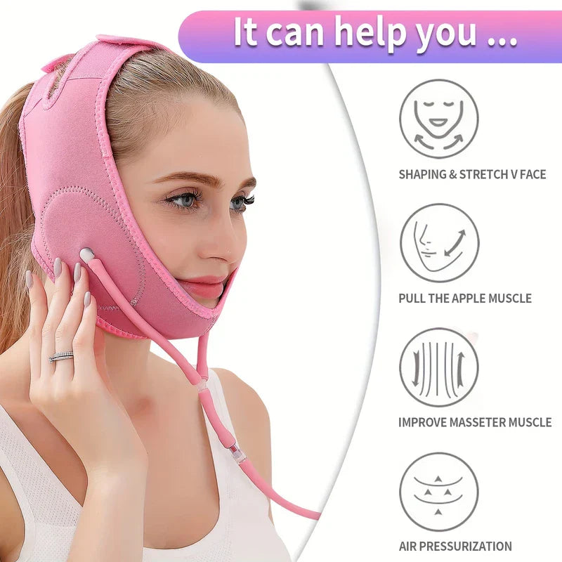 Face Lifting Mask - Pink inflatable facial compression device with infographic listing core functional benefits