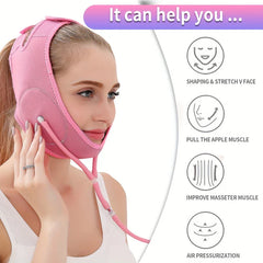 Face Lifting Mask - Pink inflatable facial compression device with infographic listing core functional benefits