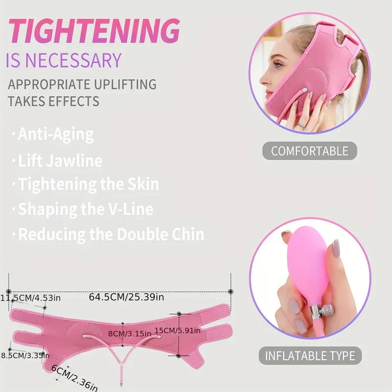 Face Lifting Mask - Pink inflatable facial lifting band with inflation bulb, dimension measurements, and listed feature bullet points.