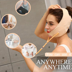 Face Lifting Mask - Beige inflatable facial band worn on a woman's face, with inset images showing other activities and text stating use anywhere anytime.