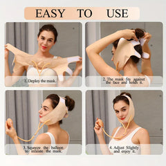 Face Lifting Mask - Four-step demonstration showing how to put on and inflate a beige facial lifting band.