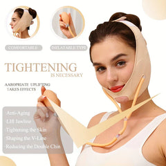 Face Lifting Mask - Beige inflatable face lifting strap worn on a woman, holding the attached inflation bulb, with listed feature bullet points
