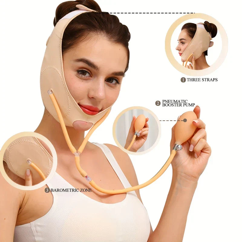 Face Lifting Mask - Close-up of inflatable face strap showing three labeled parts: straps, hand pump, and pressure zone