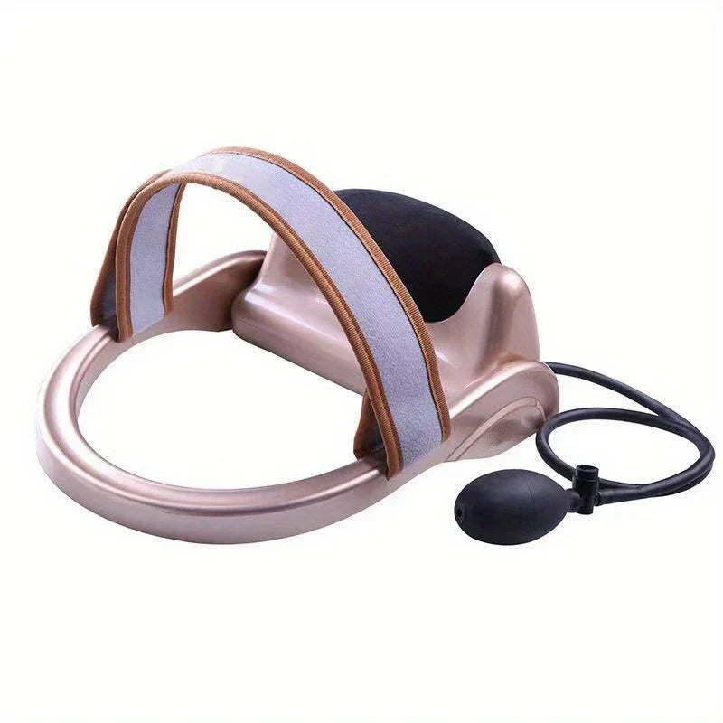 Inflatable Cervical Neck Traction Pillow - Assembled rose gold neck traction device with strap and attached manual inflatable bulb pump