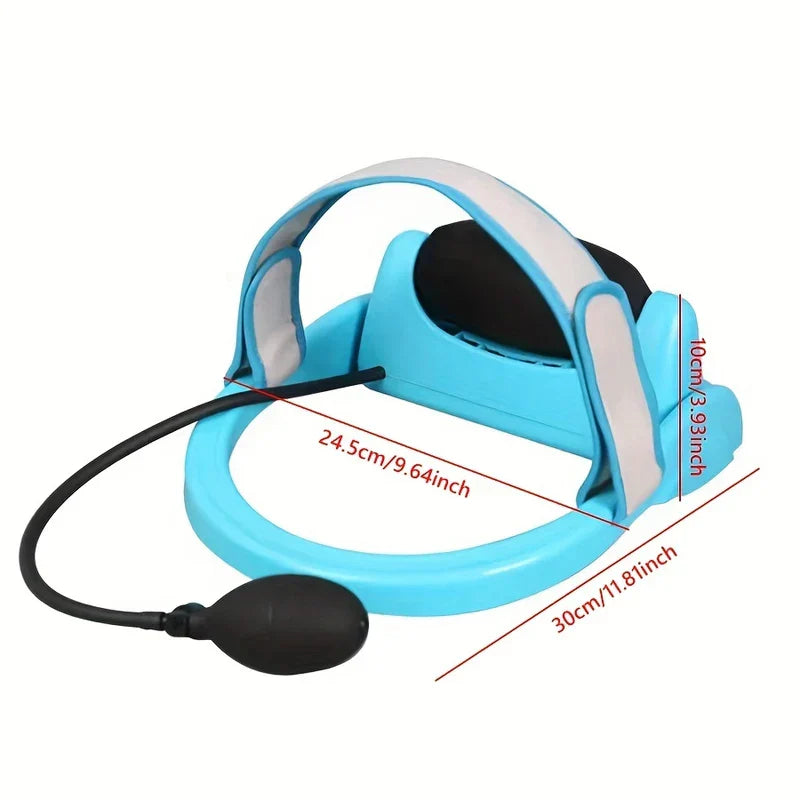 Inflatable Cervical Neck Traction Pillow - Light blue inflatable neck support device with size markings and attached manual air pump