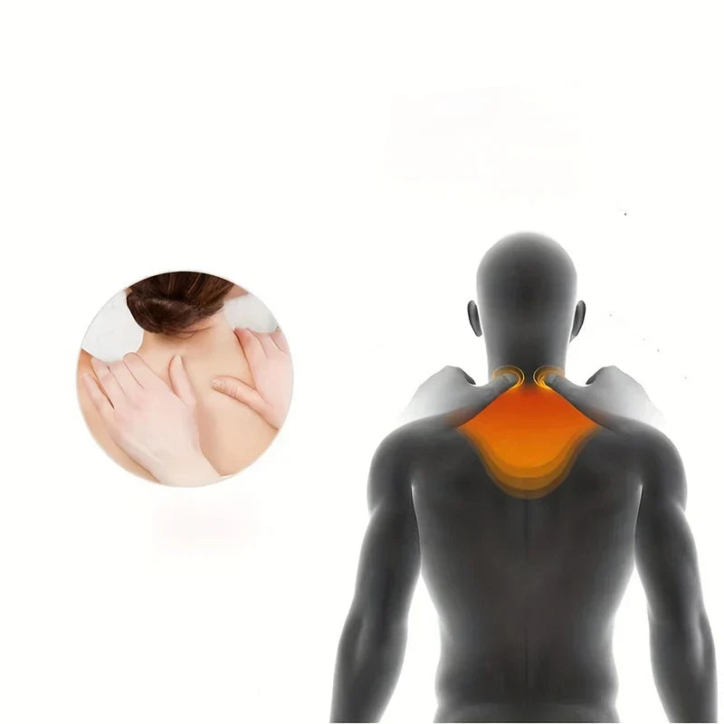 Inflatable Cervical Neck Traction Pillow - Diagram of a human back showing highlighted neck and shoulder pain area, with a small inset of a person touching their upper back