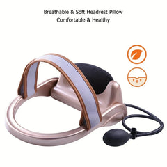 Inflatable Cervical Neck Traction Pillow - Rose gold inflatable neck support device with soft padded headrest strap, attached air bulb, and text about the headrest