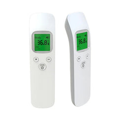 Body Temperature Scanner - Front and side view comparison of white handheld non-contact thermometer units with active digital displays