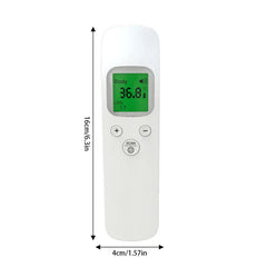 Body Temperature Scanner - White non-contact thermometer with measurement dimensions, green lit display showing 36.8°C, three control buttons.